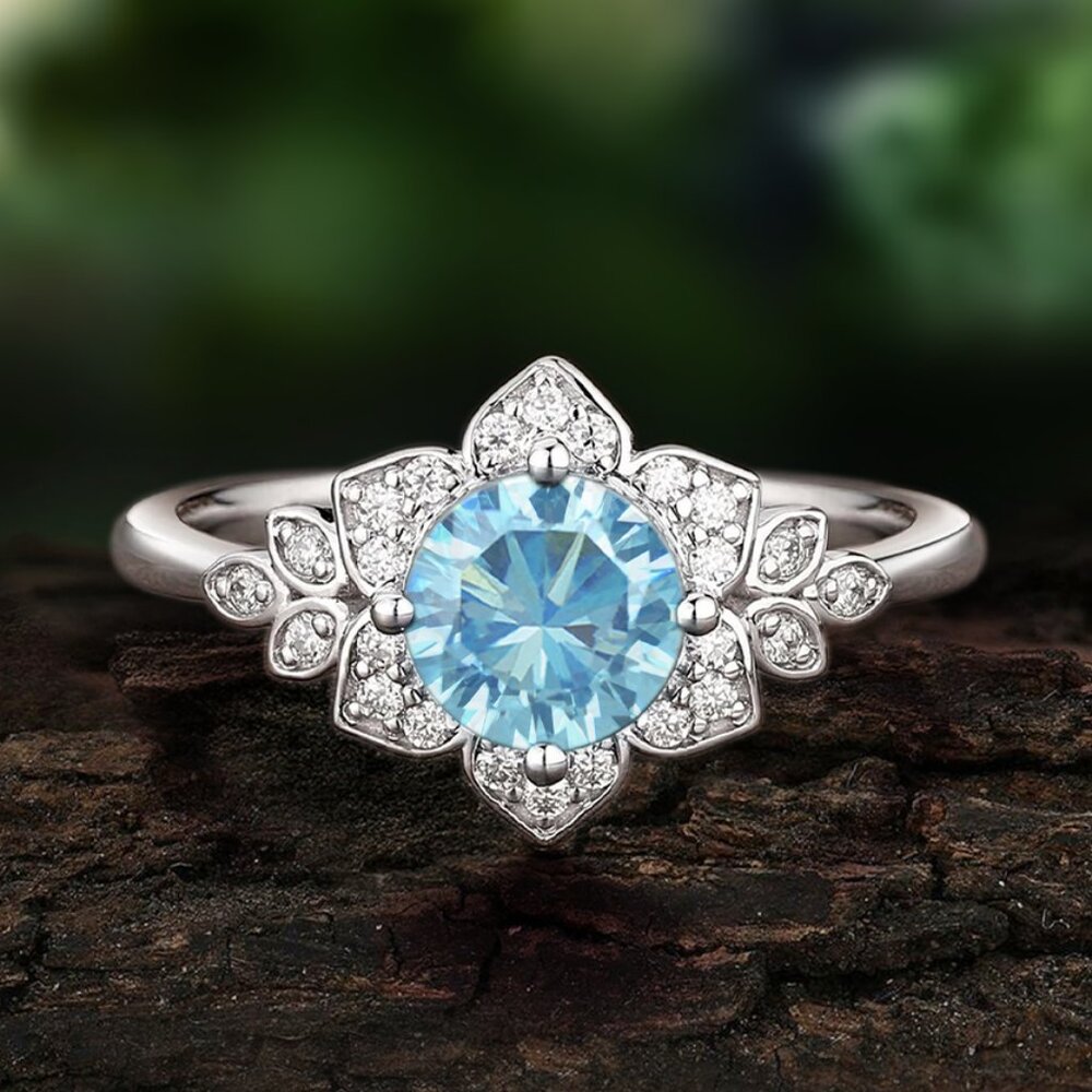 Vintage Style Floral ring - Aquamarine Blue, Art Deco Flower Ring Collection